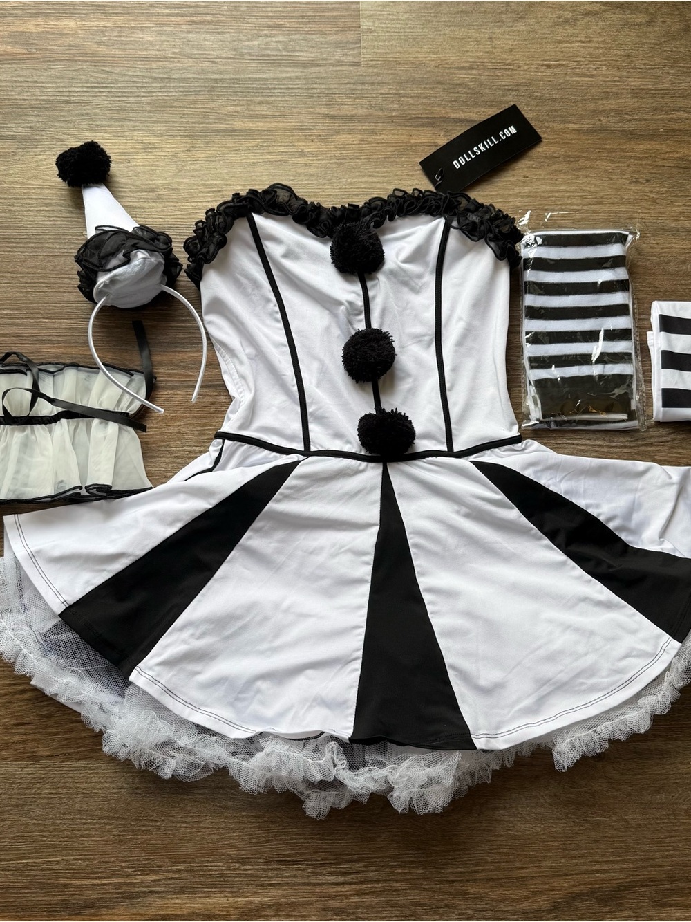 LG Dolls Kill Black & White Clown Costume Dress HHN Art the Clown Horror Nights